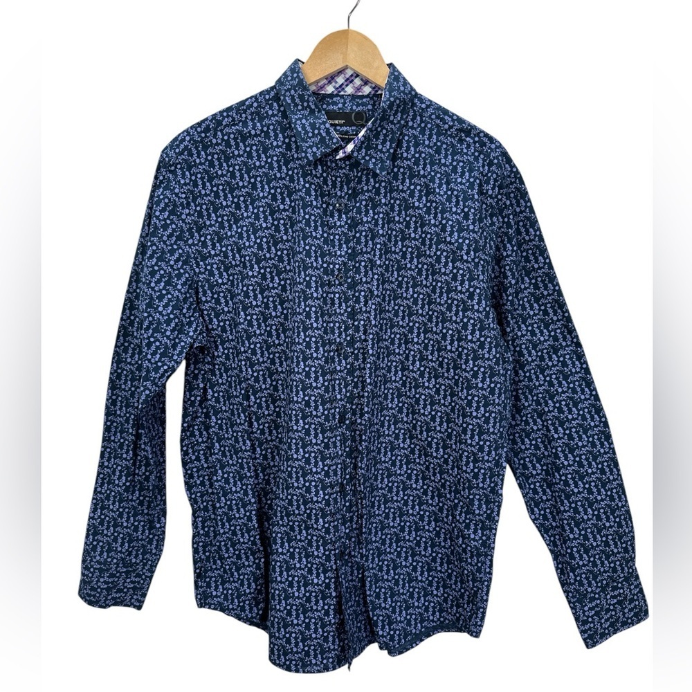 Quieti Men’s Geometric Print Dress Shirt Navy Blue Button Down Long Sleeve